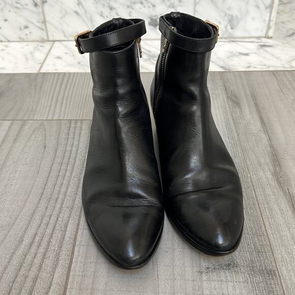J.CREW Collection 8.5 Black Leather Ankle Boots Bootie Gold Buckle Heel Italy - Picture 3 of 7
